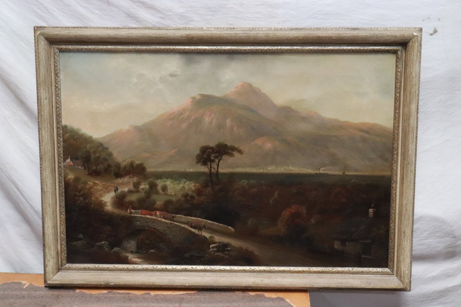 a 19th c. European oil on canvas painting, signed: a 19th century European oil on canvas painting depicting landscape with people, signed, information on back of the painting, 19.35"x29.35" (F:23.7"x33.7"x1.35")