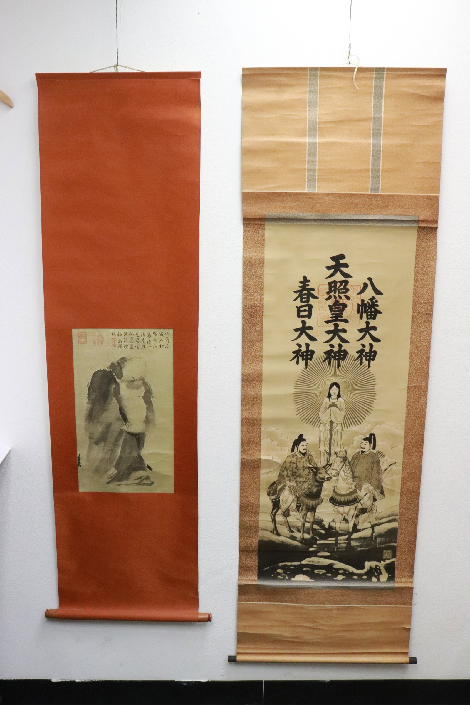 2 print scrolls in wood storage box: 2 print scrolls (19.3"x11", 42.15"x16.6") in wood storage box (22.5"x5.2"x3.65")