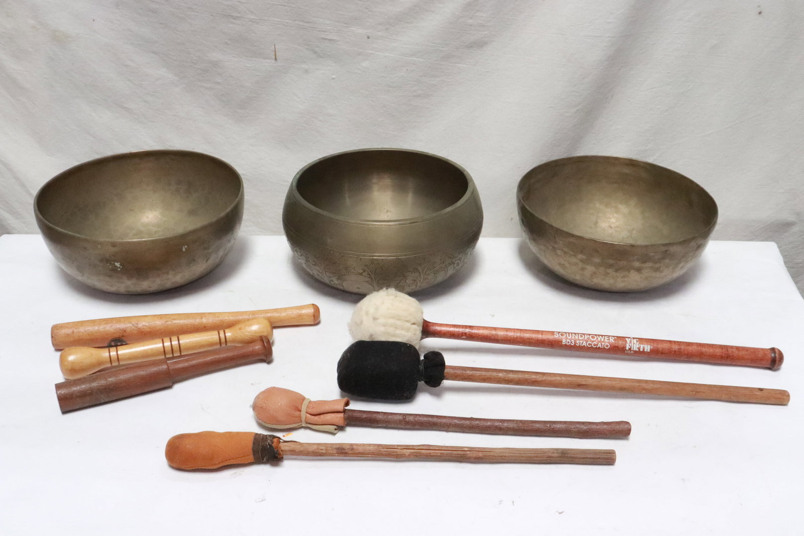 3 bronze/ brass temple gongs: 3 bronze/ brass temple gongs, 3.65"x8.65"dia - 4.35"x8.5"dia