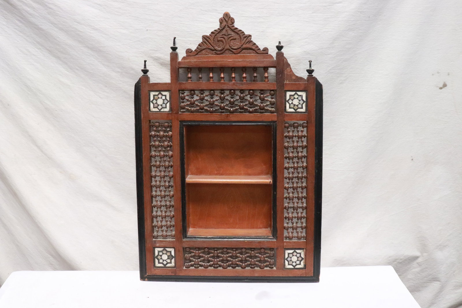 Antique Egyptian inlaid wall shelf w/ stick & ball design: Antique Egyptian inlaid wall shelf with stick and ball design, 23.8"x16.3"x2.85"