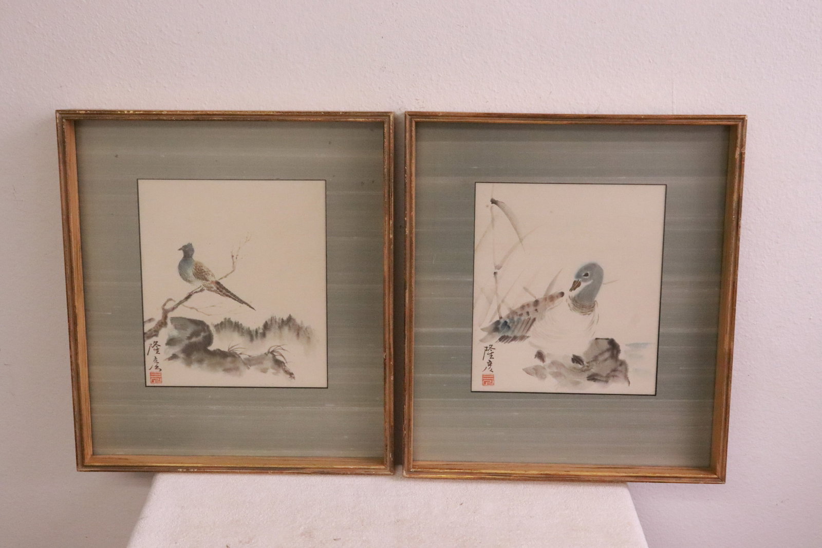 Pair Chinese framed watercolor paintings: Pair Chinese framed (17.7"x15.6"x1.95" ea) watercolor paintings (10.15"x8.85" ea)