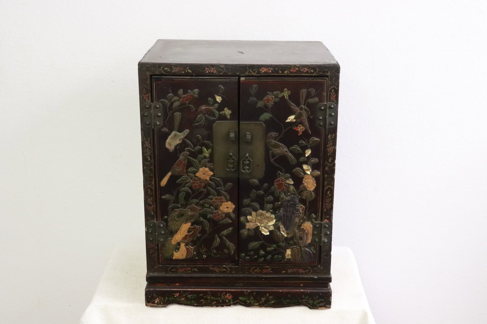 Chinese antique lacquer cabinet w/ stone overlay (1 of 6)