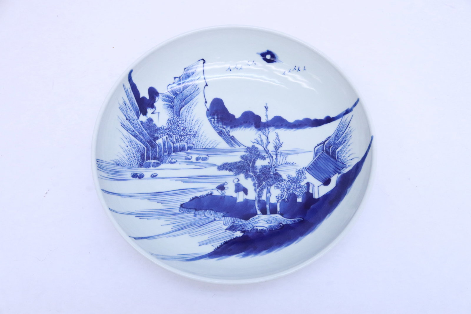 18th century blue and white porcelain plate: Fine 18th century blue and white porcelain plate painted with lake scene with scholar, 2.6"x11.05"dia