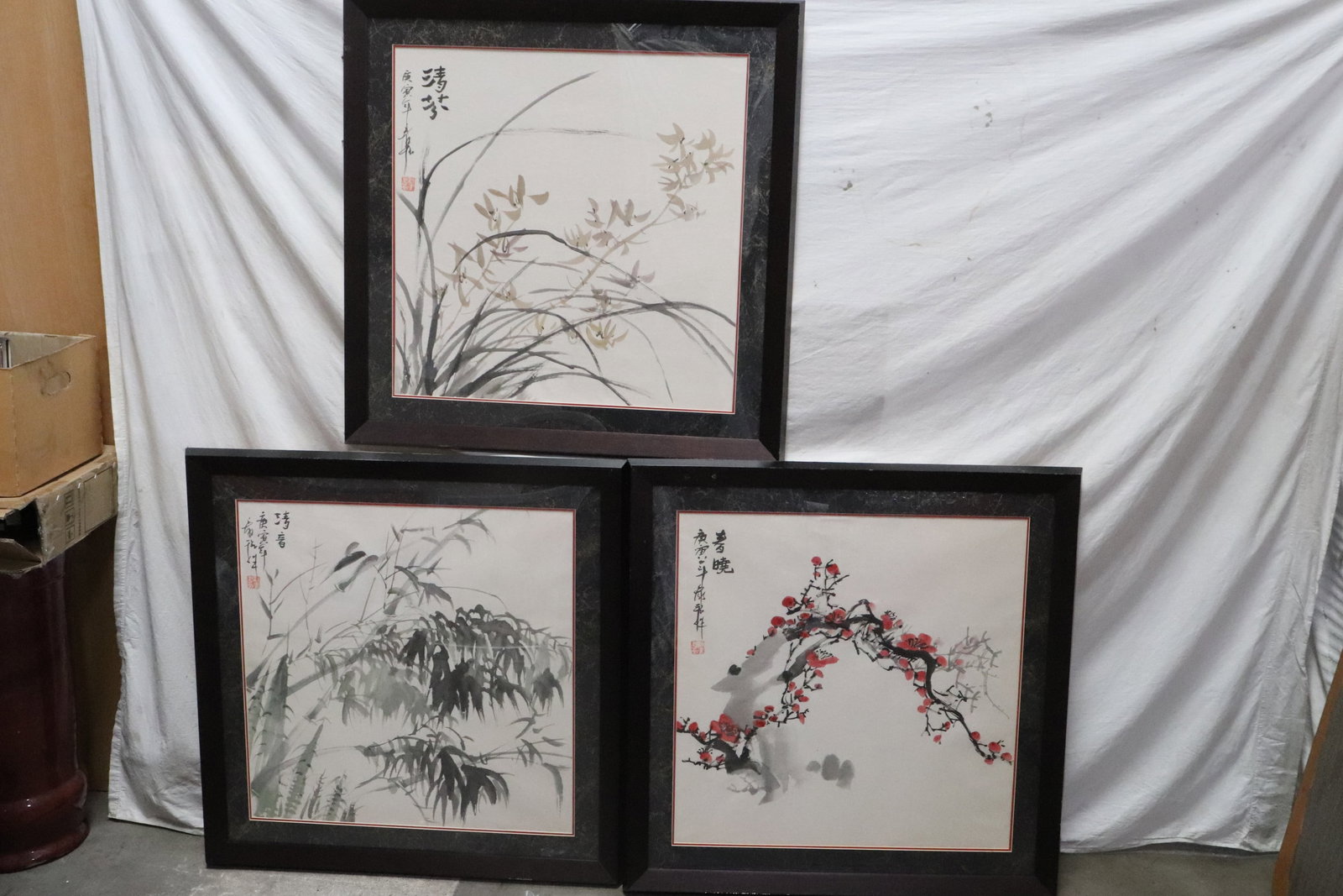 3 Chinese framed watercolor paintings: 3 Chinese framed (32.4"x32.4"x1.2" ea) watercolor paintings (24.8"x24.7" ea)