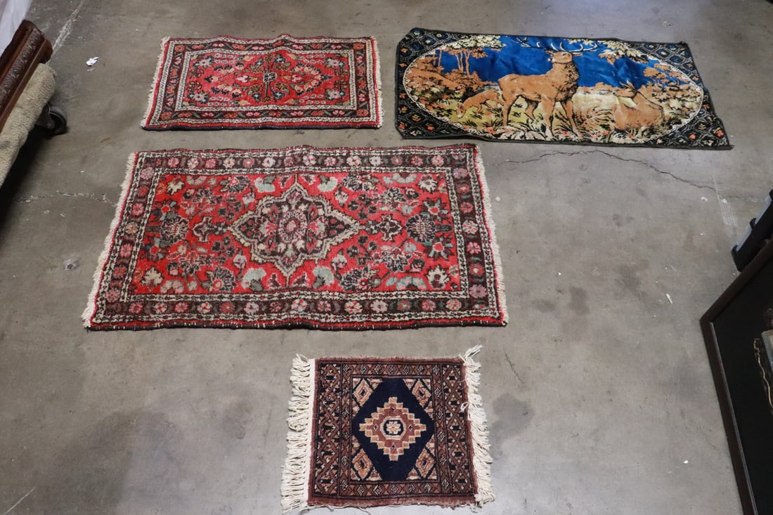 3 vintage Persian rugs, and a rug/ tapestry: 3 vintage Persian rugs (13"x12.5" - 36"x22"), and a rug/ tapestry (19.7"x37")