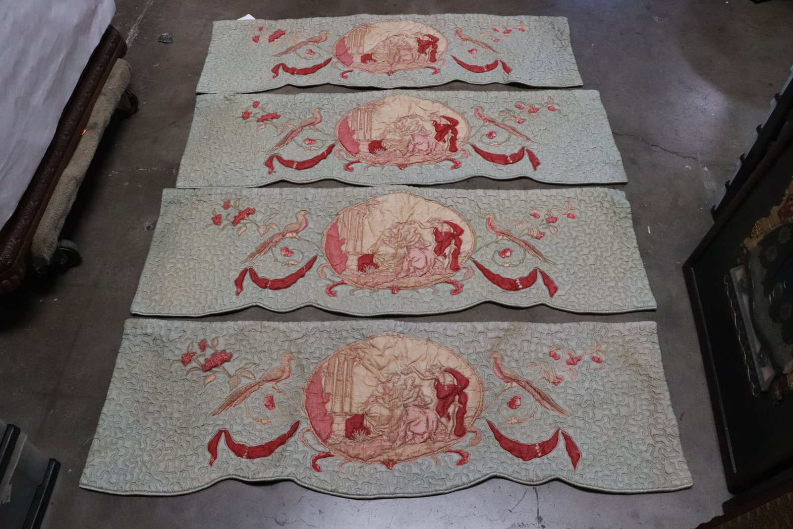 antique European tapestry style panels: 4 pieces; antique European tapestry style panels, 16.7"x51" ea
