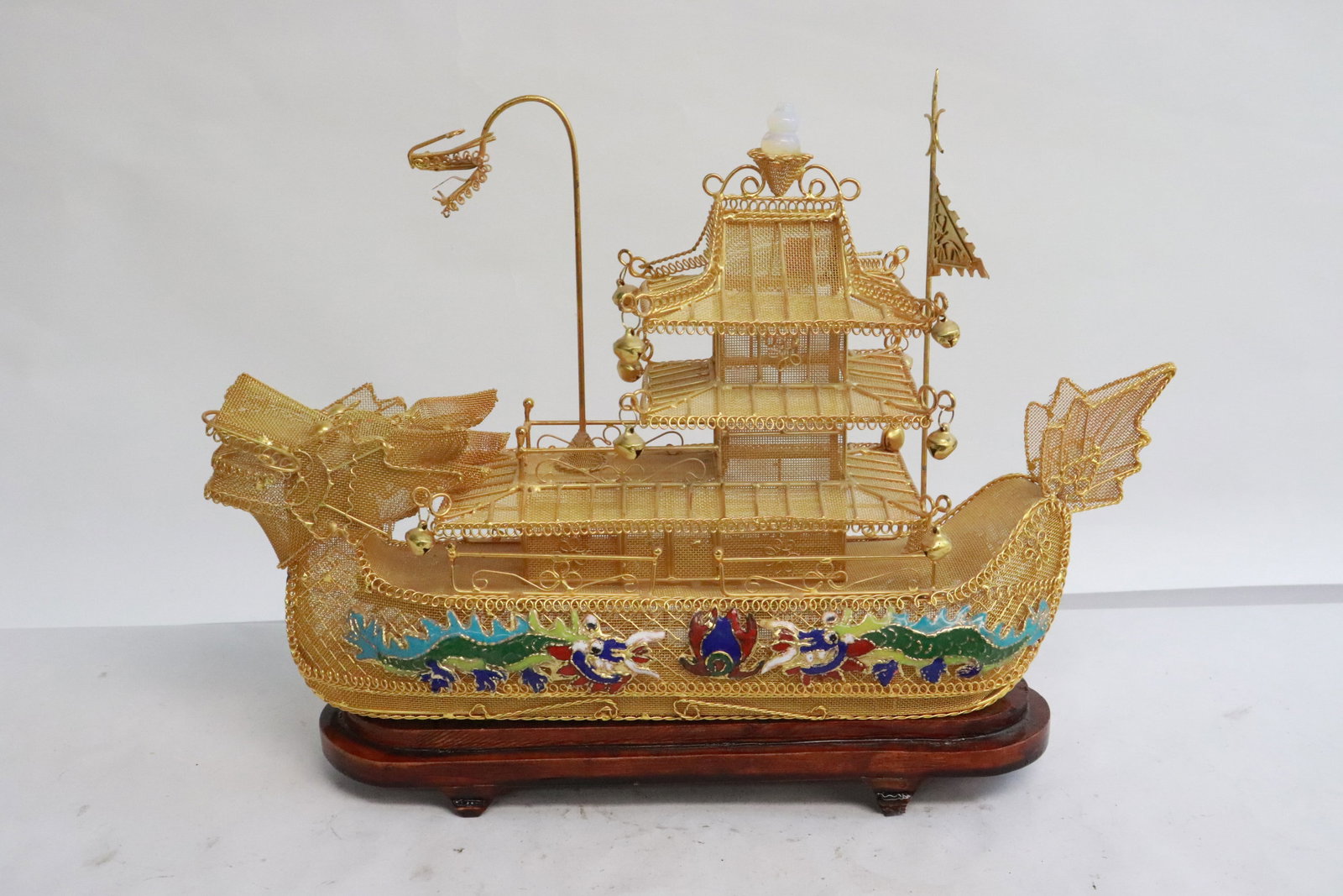 A beautiful enamel on wire dragon boat: A beautiful enamel on wire dragon boat, 9.3"H