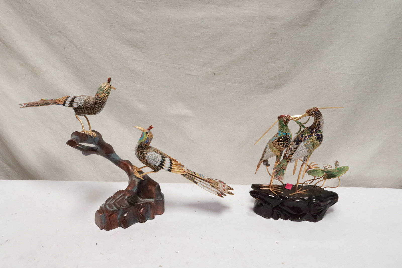 2 cloisonne bird group on wood stands: 2 cloisonne bird group on wood stands, 8.9"H, 10.2"H