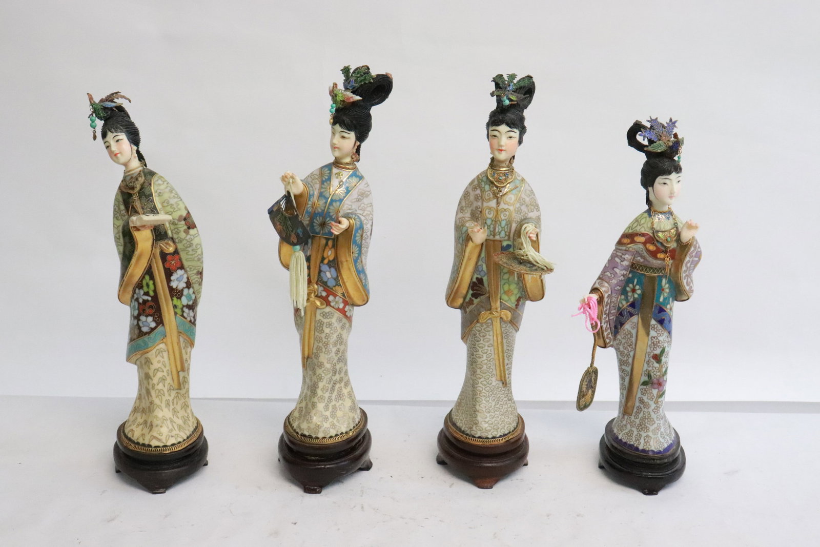 4 beautiful Chinese cloisonne court ladies: 4 beautiful Chinese cloisonne court ladies, 9.7"H - 10.7"H