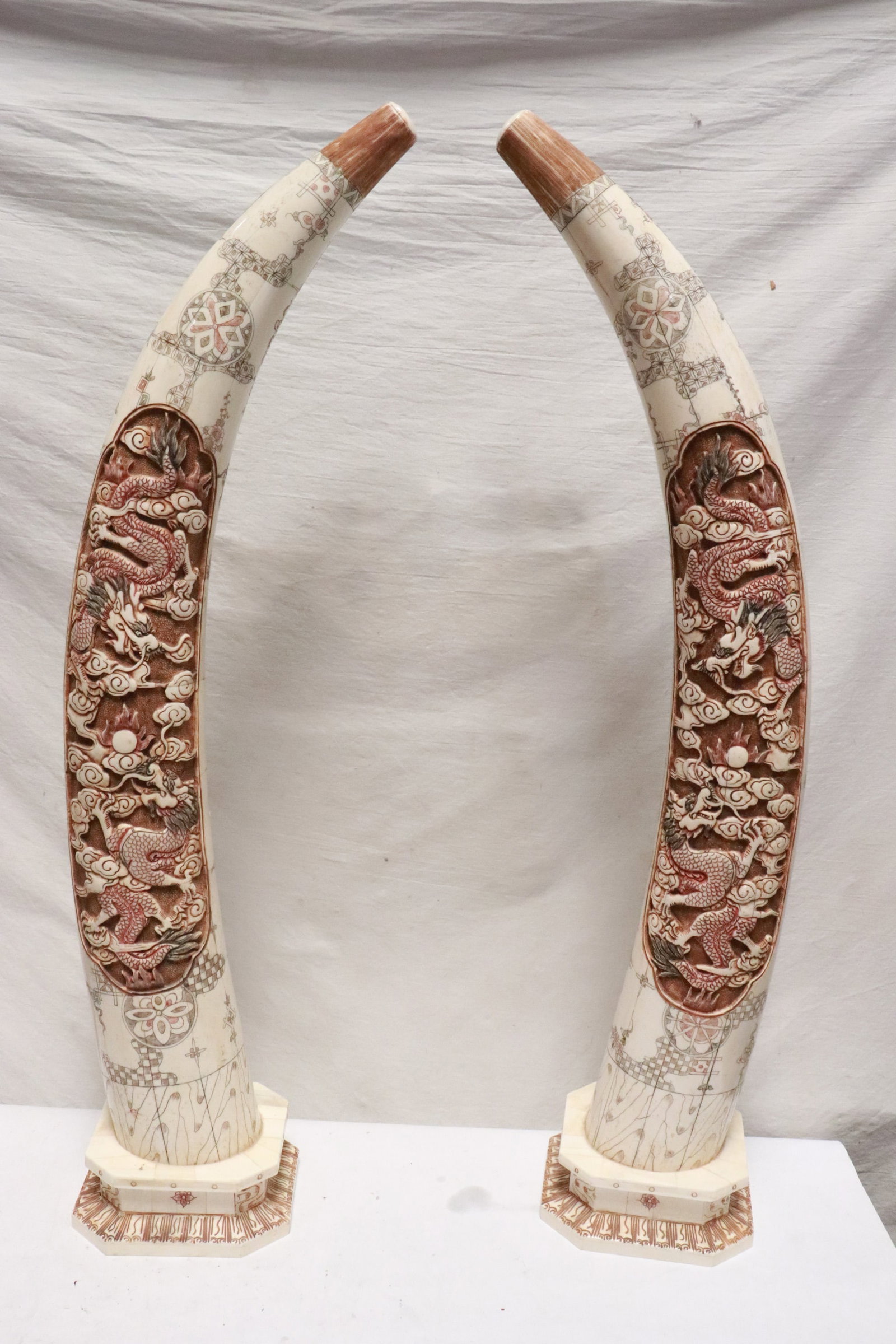 Pair large Chinese bone horn motif ornaments: Pair large Chinese bone horn motif ornaments with carved dragon motif decoration, 32.2"H ea