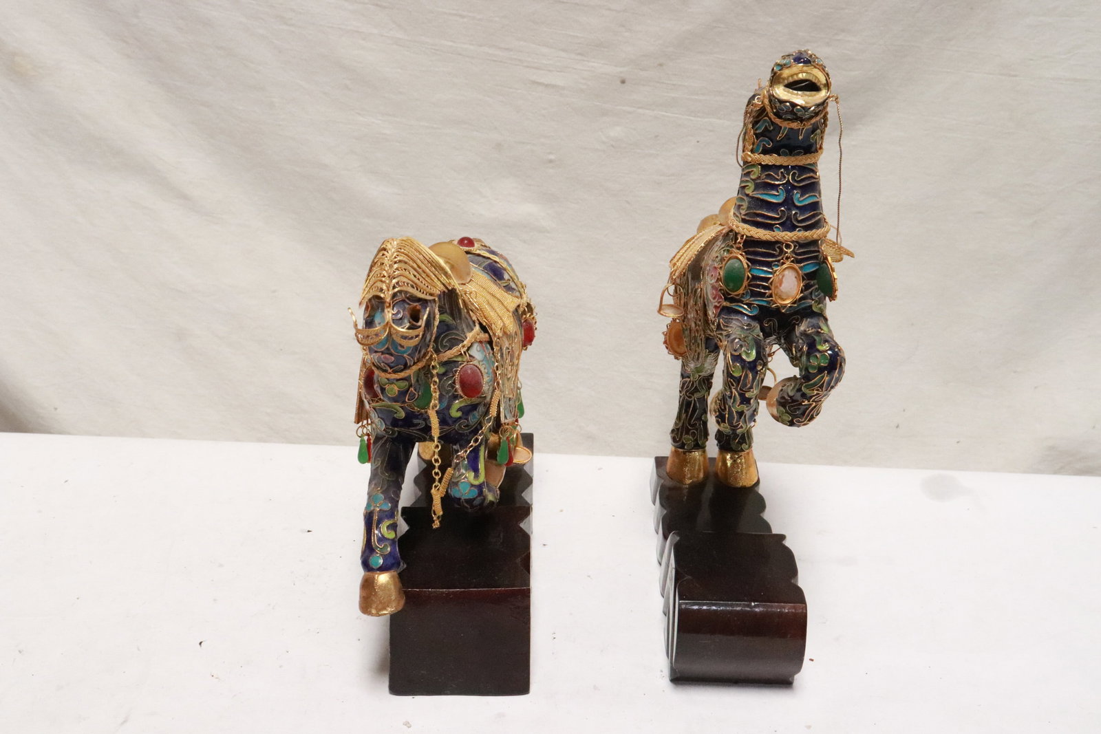 Pair fine Chinese enamel on metal horses: Pair fine Chinese enamel on metal horses, 8"H, 11"H