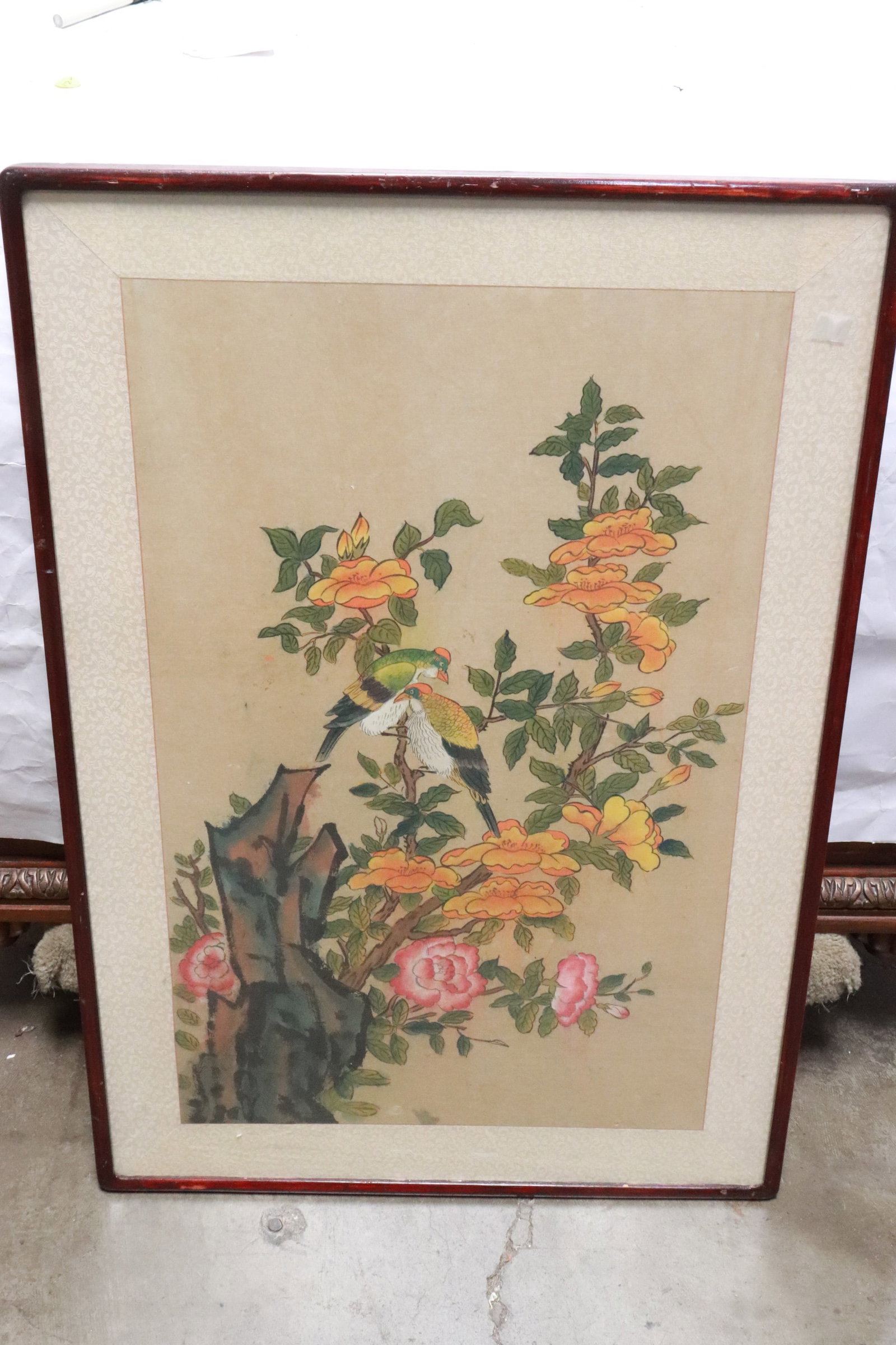 Antique Korean watercolor on paper: Antique Korean watercolor on paper "birds and flowers", 29.7"x18.15" (F:35.4"x24.15"x0.85")