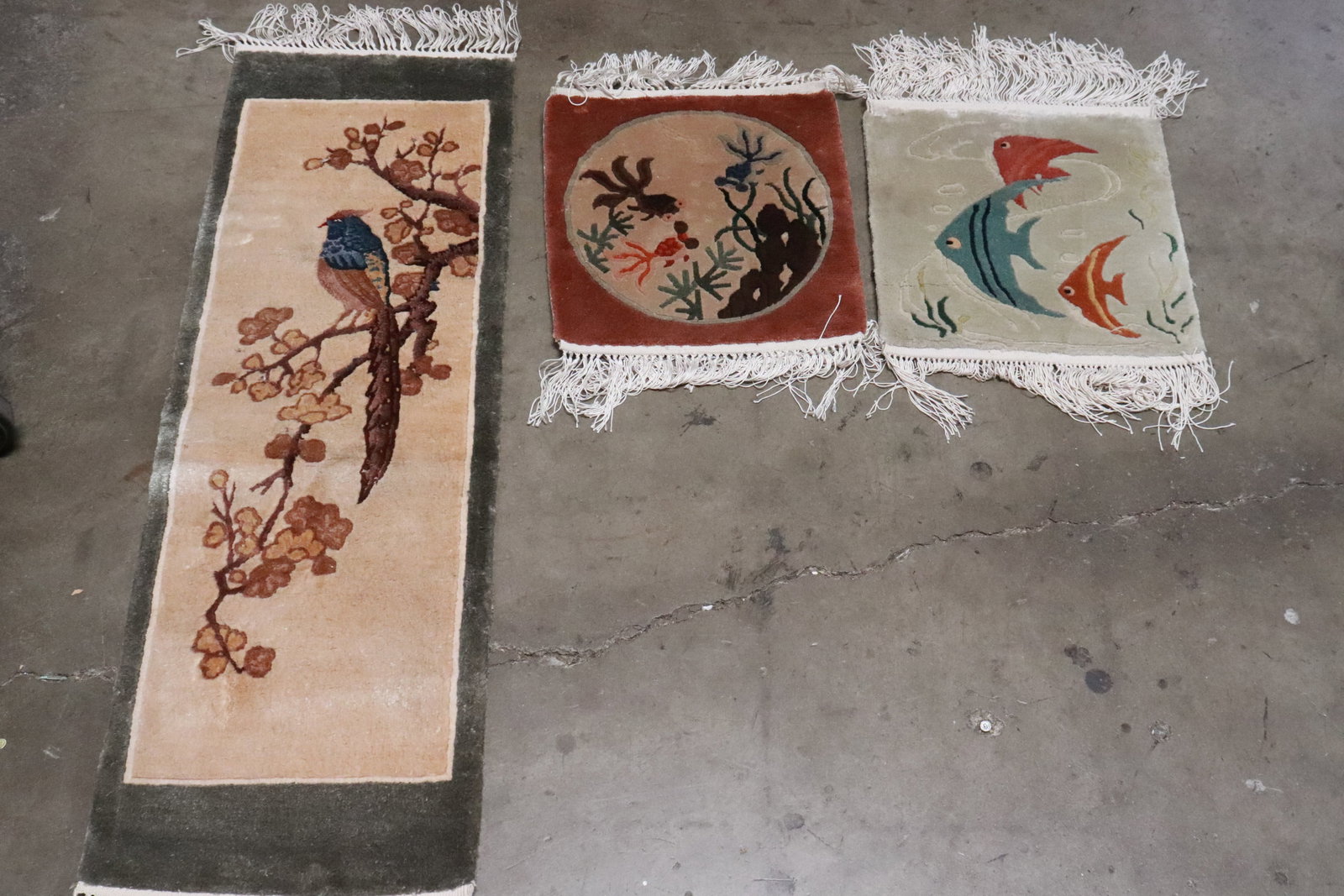 3 Chinese silk rugs: 3 Chinese silk rugs, 13.8"x12.3" - 37.2"x12.2"