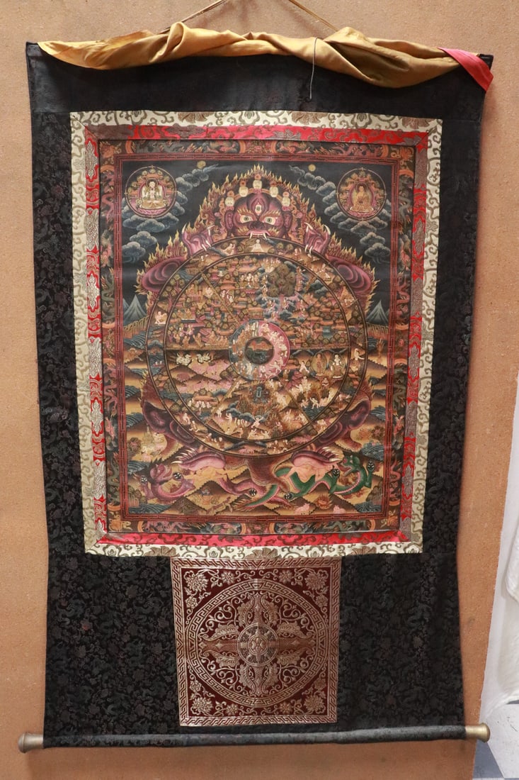 A massive Tibetan hand painted thangka: A massive Tibetan hand painted thangka, 61.7"x44.5"