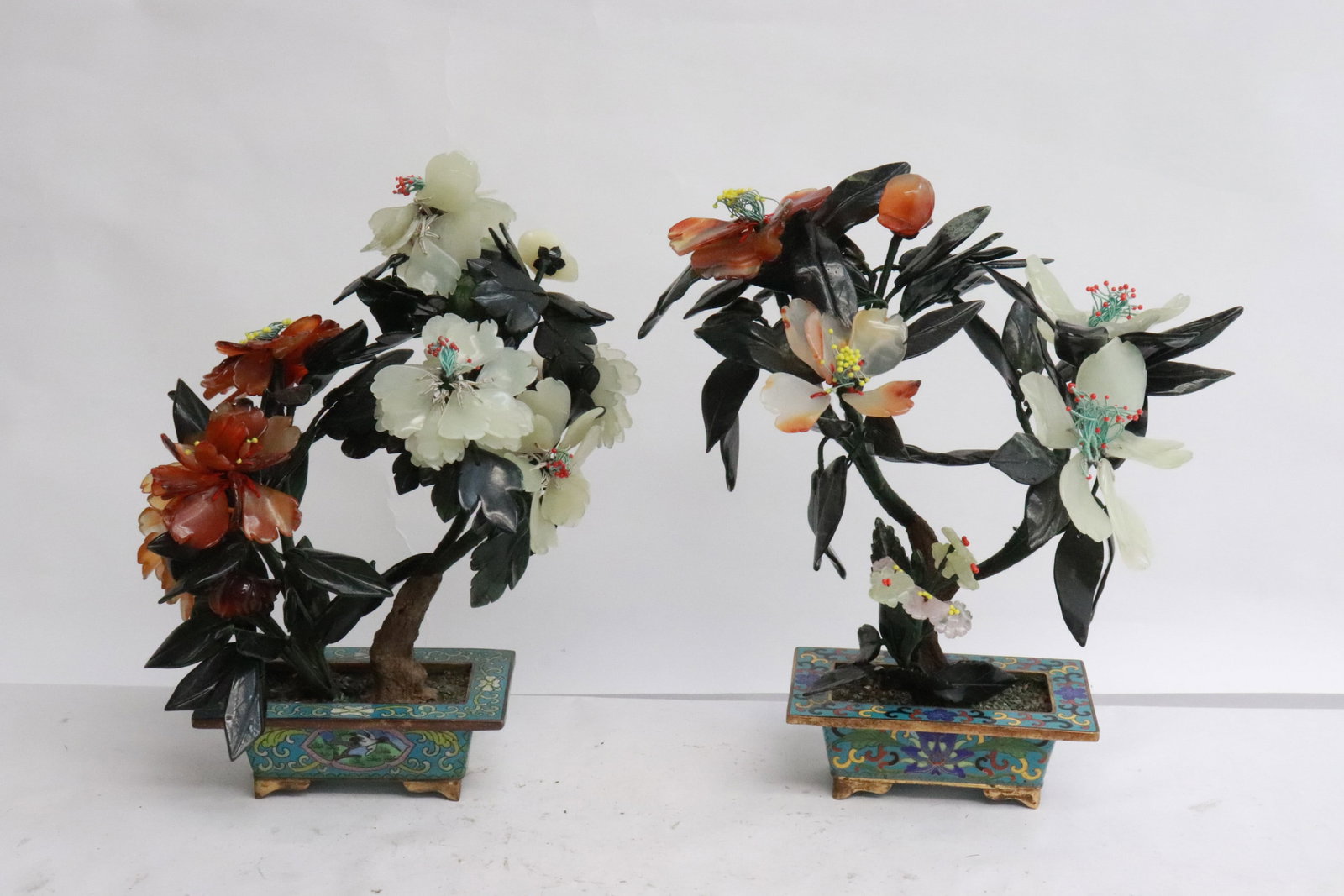 Pair jade trees with cloisonne stand: Pair jade trees with cloisonne stand, 9"H ea