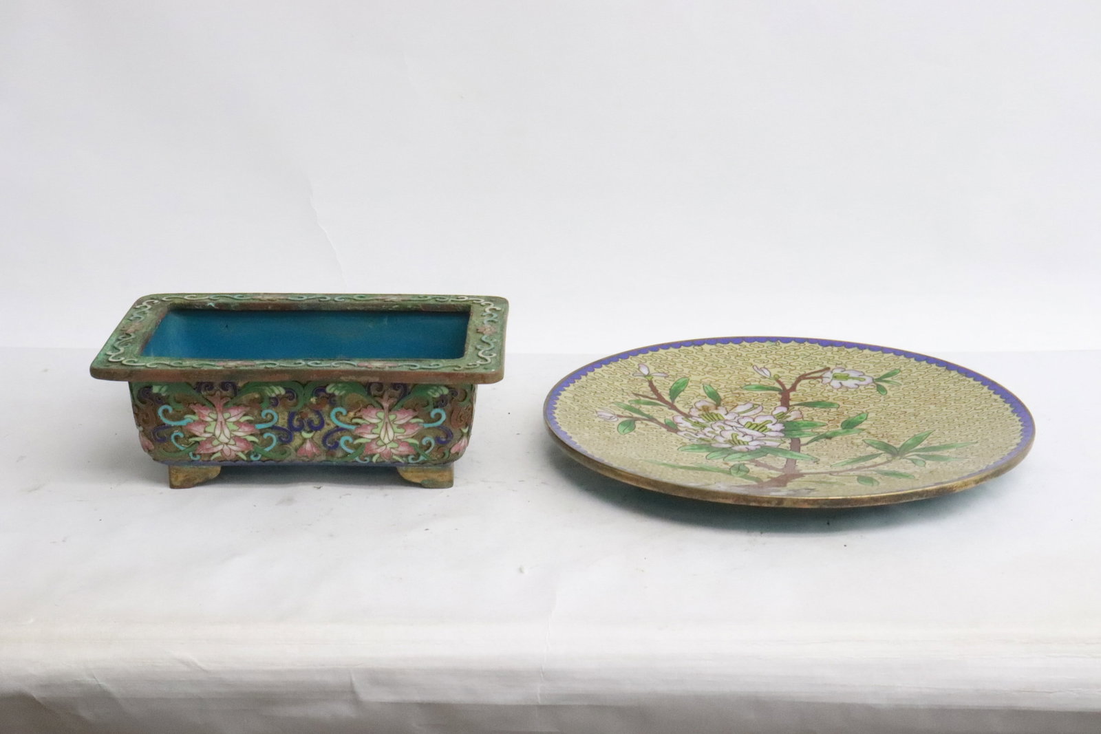 2 cloisonne pieces; a planter, and a plate: 2 cloisonne pieces; a planter (2.25"x6.2"x4.15"), and a plate (0.8"x7.9"dia)
