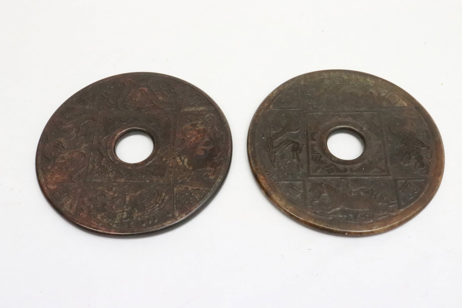 2 large jade like discs: 2 large jade like discs, 0.35"x5.65"dia ea