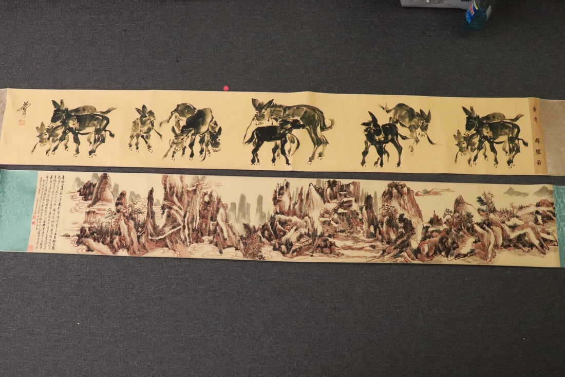 2 Chinese print scrolls: 2 Chinese print scrolls, 11.6"x73.65", 11.8"x79.6"