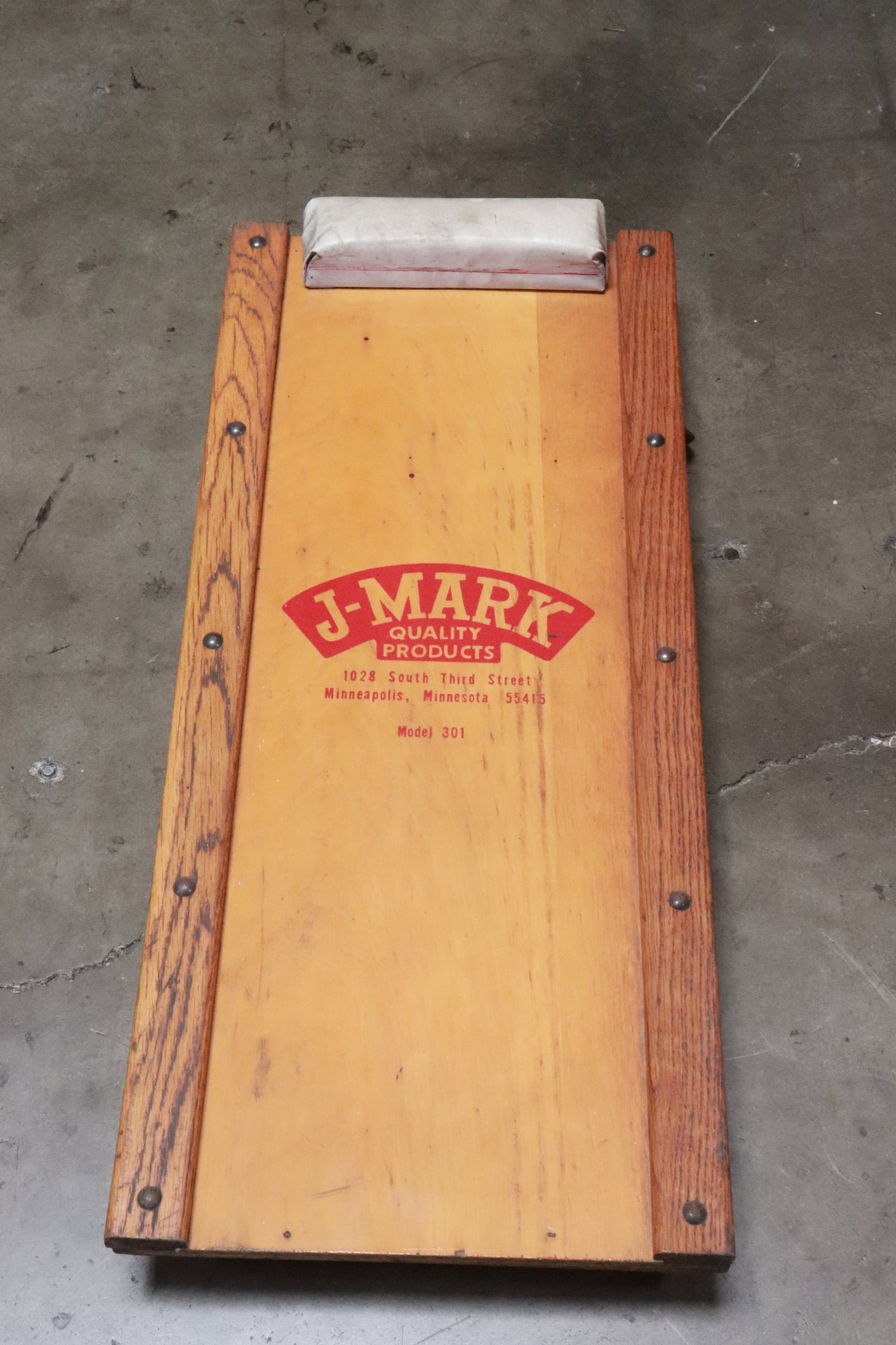 A vintage J-mark wood Creeper on wheel: A vintage J-mark wood Creeper on wheel, 5.5"x35.8"x15.5"