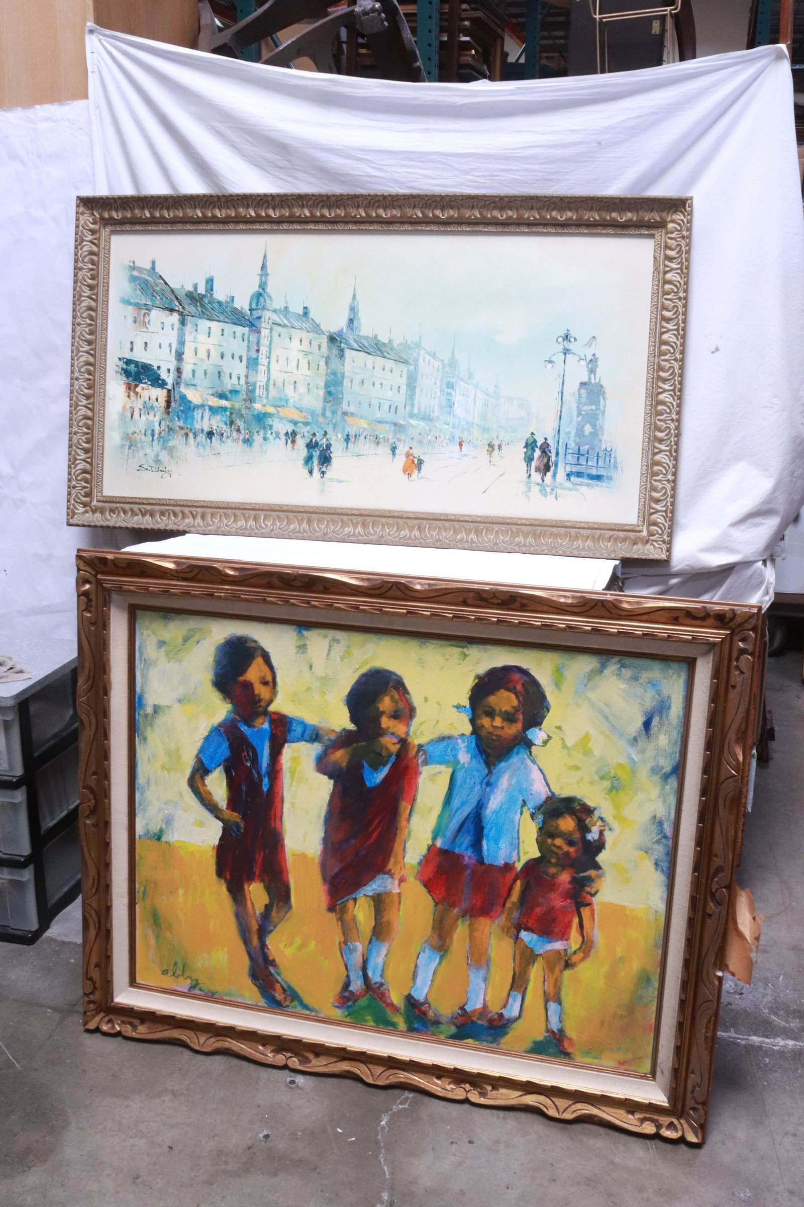 2 large oil on canvas paintings: 2 large oil on canvas paintings, 29.6"x39.6" (F:38.15"x48.2"x1.2"), 23.3"x47.4" (29.2"x53.15"x2.2")