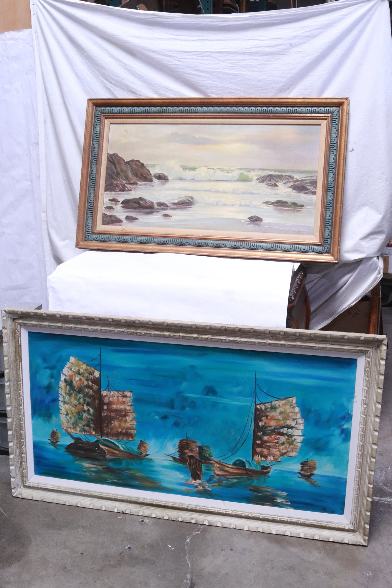 2 large oil on canvas paintings: 2 large oil on canvas paintings, 17.65"x35.7" (F:25.9"x44"x1.35"), 23.4"x47.6" (F:30.4"x54.5"x1.6")