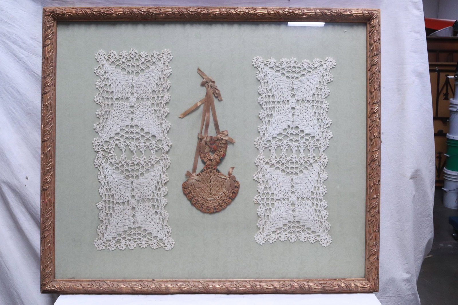 Framed Victorian handmade doily: Framed Victorian handmade doily, 29.5"x35.3" (F:32.8"x38.9"x1.25")