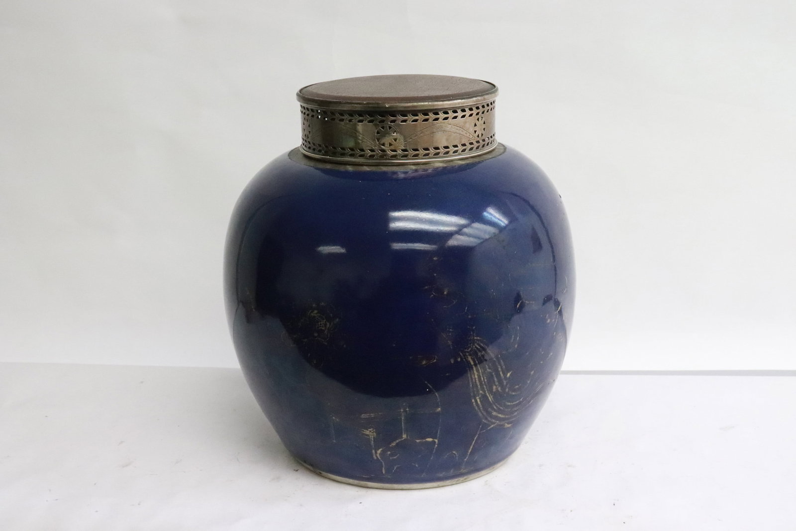 18th c. jar w/ silverplate cover, Qianlong period: An important 18th century blue glazed jar with silverplate replacement cover, Qianlong period, 9.7"x9.3"dia