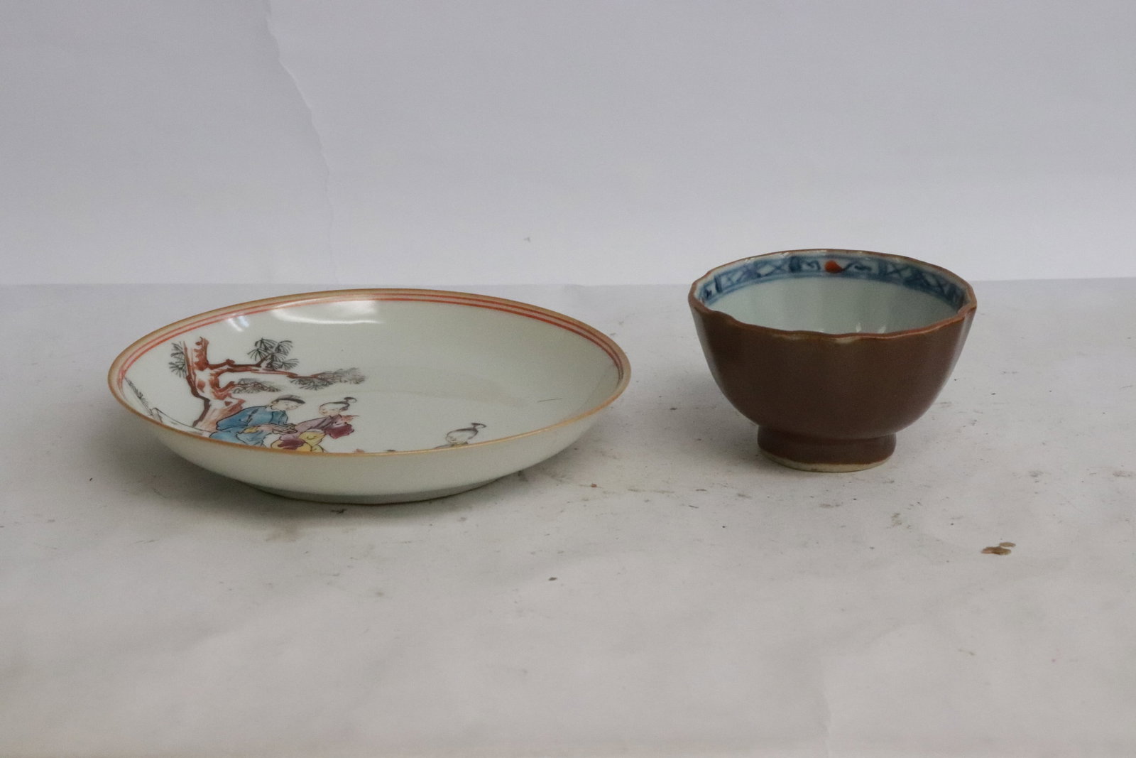 Chinese 18th/19th c. famille rose porcelain cup & saucer: Chinese 18th/19th century famille rose porcelain cup (1.6"x2.6"dia) and saucer (0.85"x4.7"dia)