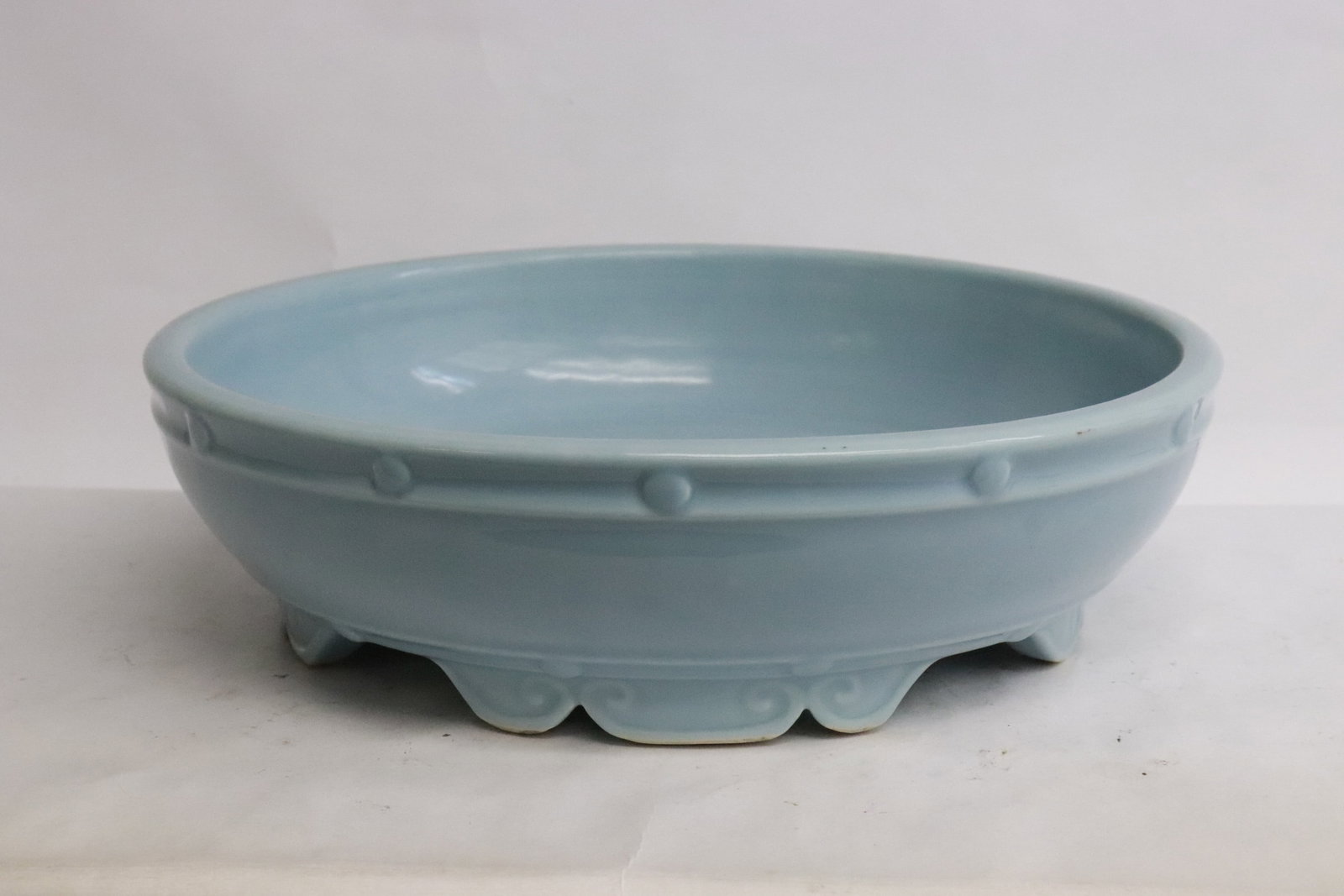 Chinese 18th/19th c. large porcelain footed censer: An important Chinese 18th/19th century sky blue glazed large porcelain footed censer, 3"x10.65"dia
