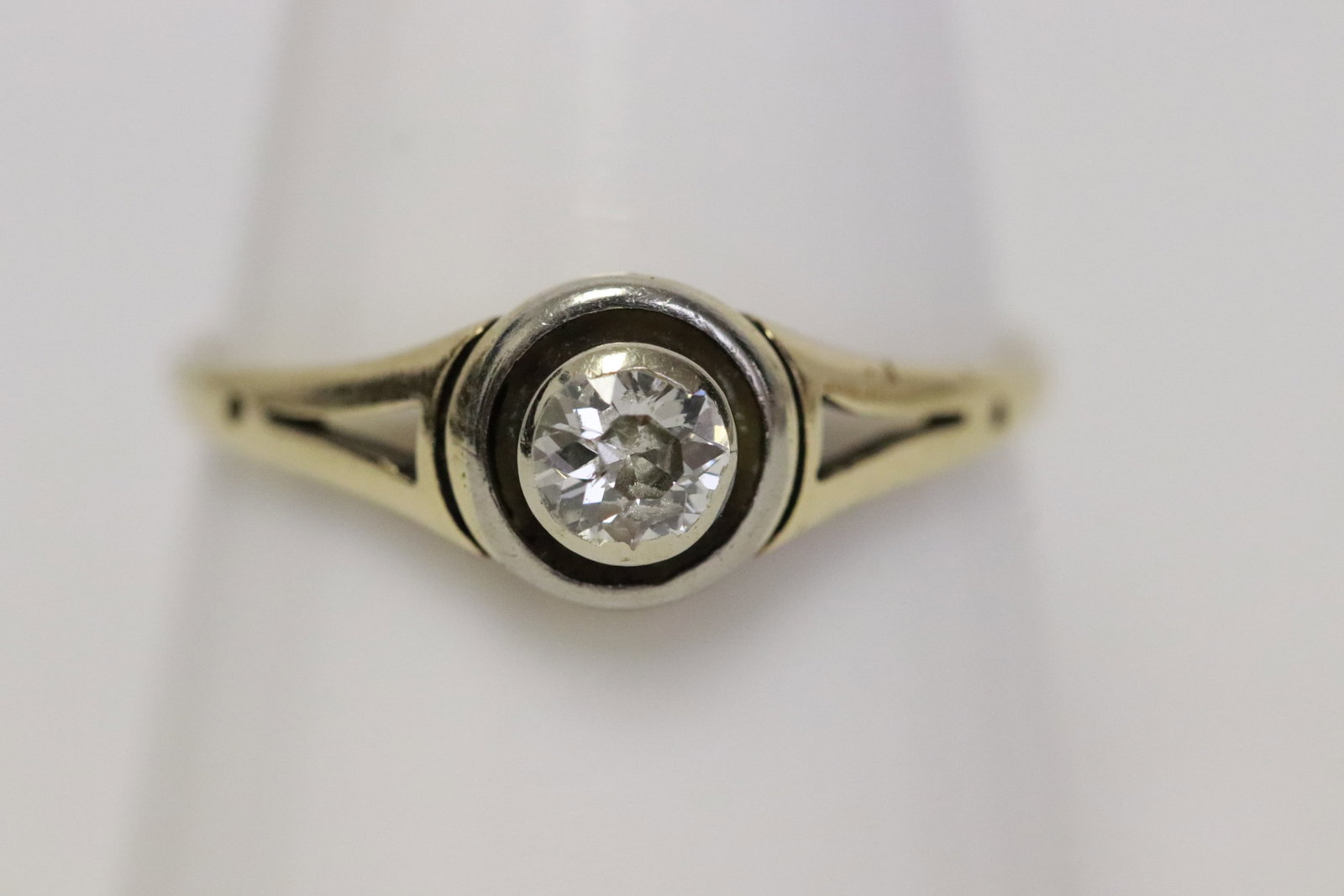 14K Y/G diamond ring: 14K Y/G ring, center an old cut diamond wt. approx. 0.31ct, SI/ J quality, wt. 1.8gm, size 7.5