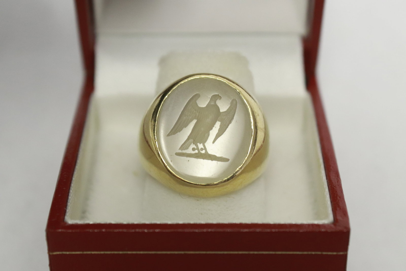 14K Y/G ring with carved intaglio: 14K Y/G ring with carved intaglio to depict eagle, wt. 12.5gm, size 8.3