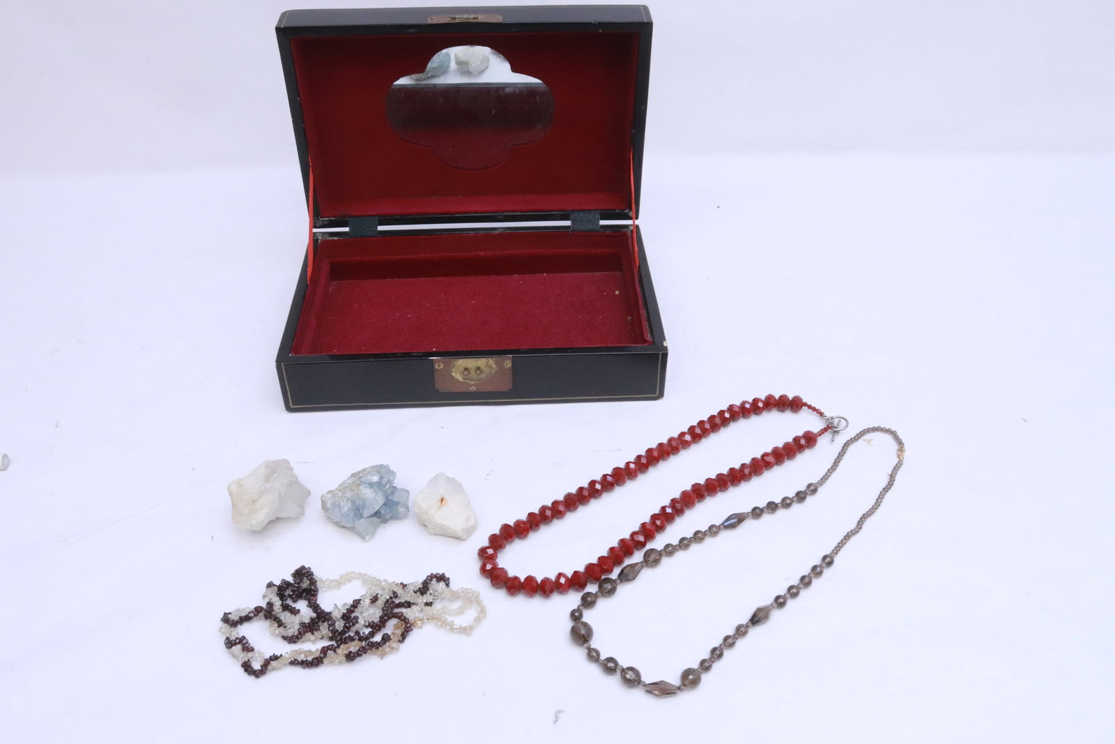 Chinese MOP inlaid lacquer box w/ contents: 3 crystal necklaces, and geos in beautiful Chinese MOP inlaid lacquer box (3.3"x11"x7.25")