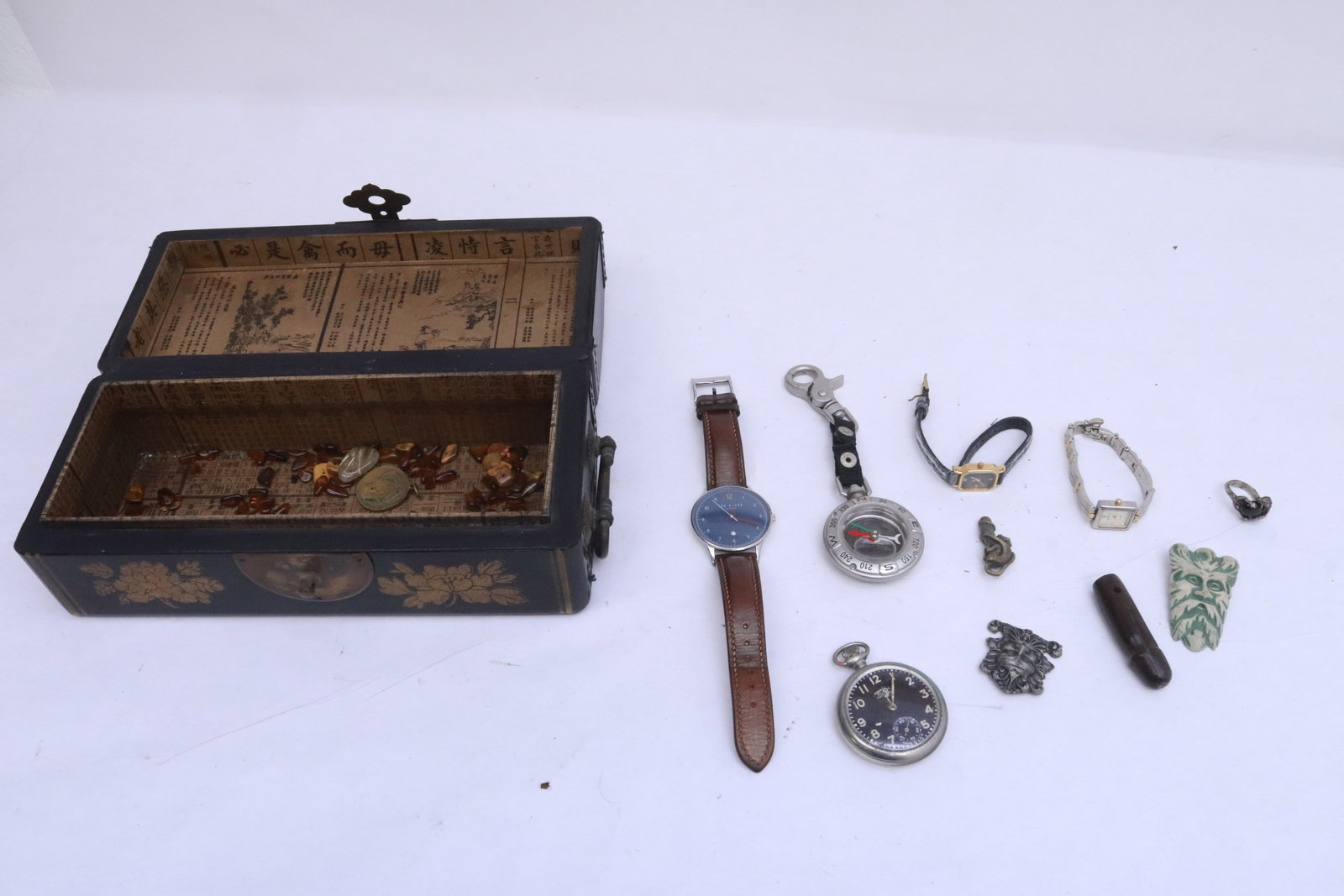 Lot of misc. jewelry , & watches in a Chinese box (1 of 8)
