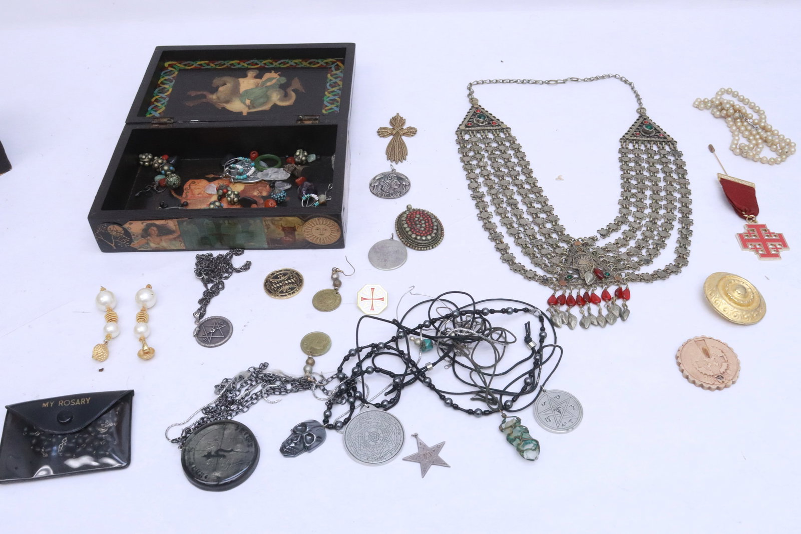 Lot of misc. jewelry in a wizard motif box (1 of 10)