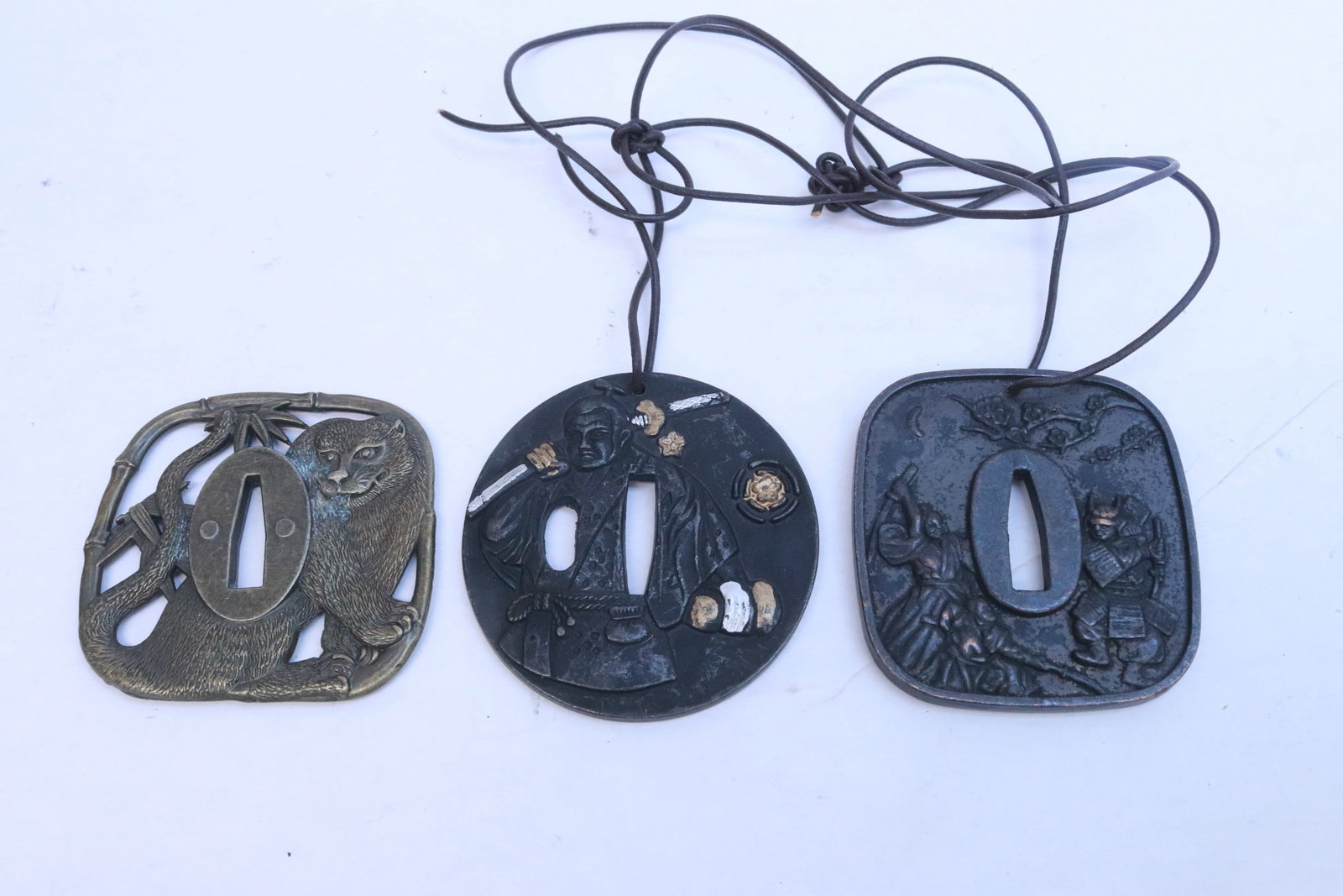 3 vintage Japanese samurai sword tsuba: 3 vintage Japanese samurai sword tsuba, 2.8"x3"x0.2" - 3"x2.83"x0.2"
