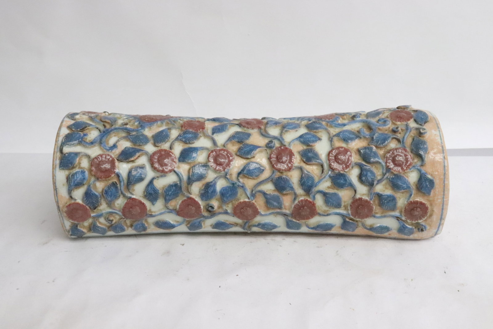 Unusual sancai earthenware pillow: Unusual sancai earthenware pillow, 11.9"x3.9"x4.4"