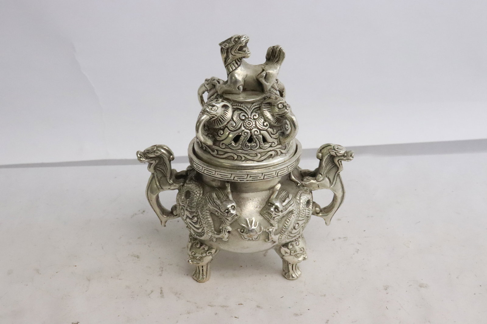 Fancy white bronze covered censer: Fancy white bronze covered censer, 5.25"x4.4"x2.85"