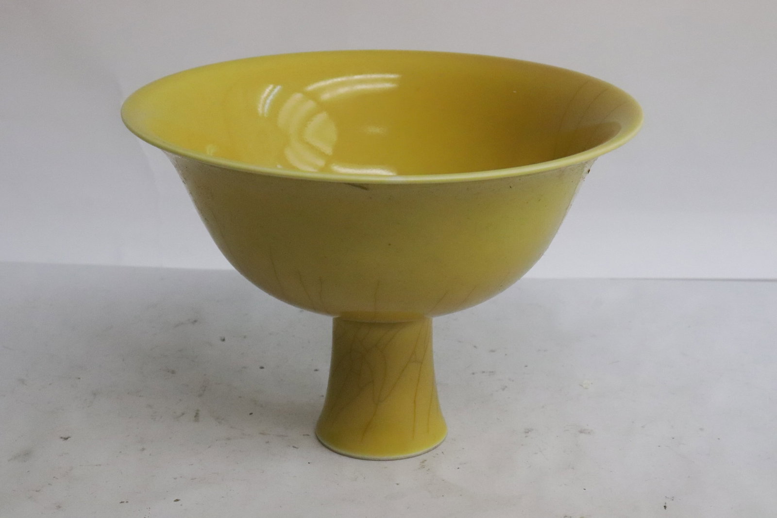Chinese yellow glazed porcelain stem bowl: Chinese yellow glazed porcelain stem bowl, 4.7"x6.6"dia