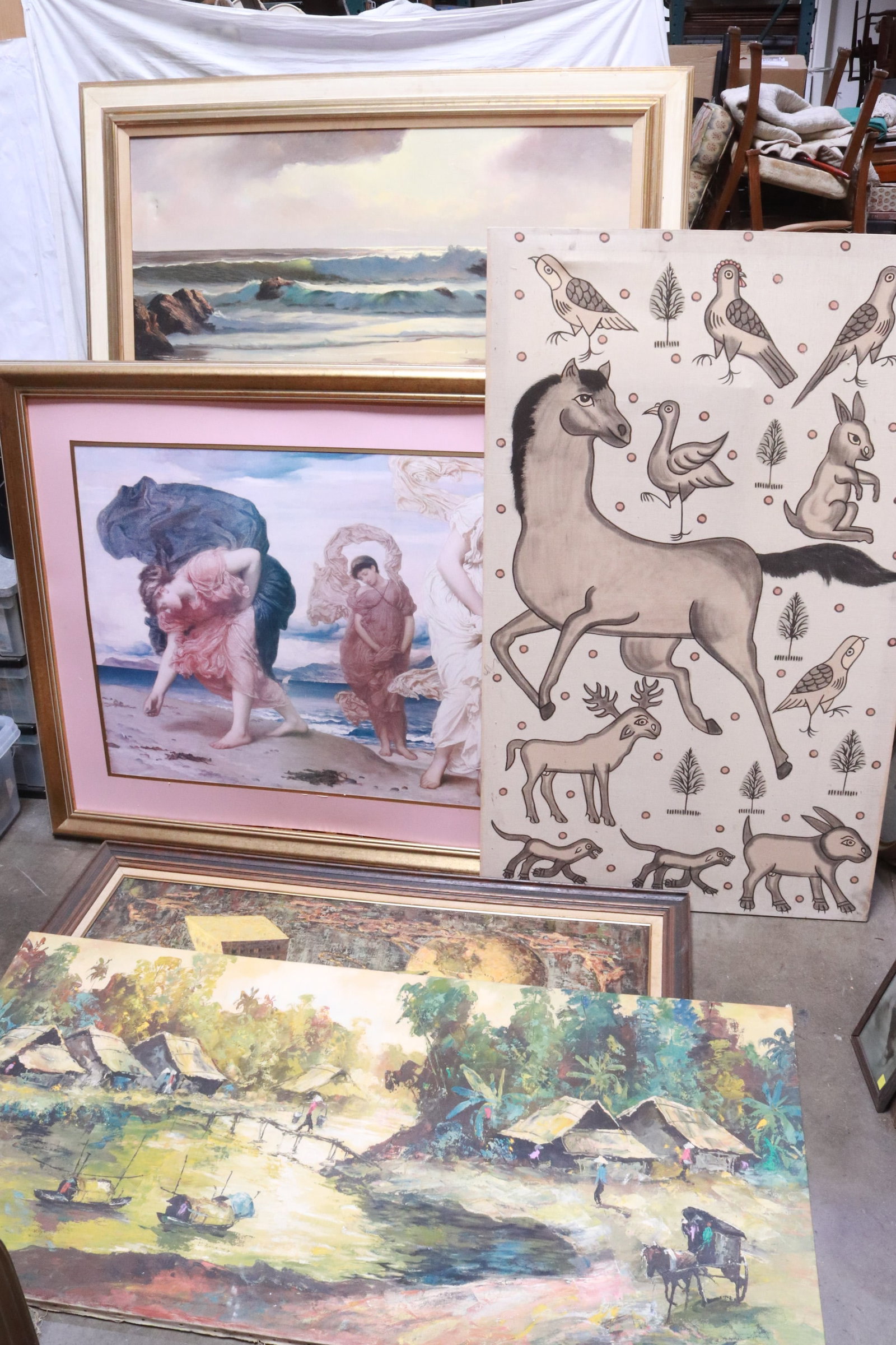 3 large oil paintings, and 2 large prints: 3 large oil paintings, and 2 large prints, 56"x34"x1" - 63"x45"x1.5"