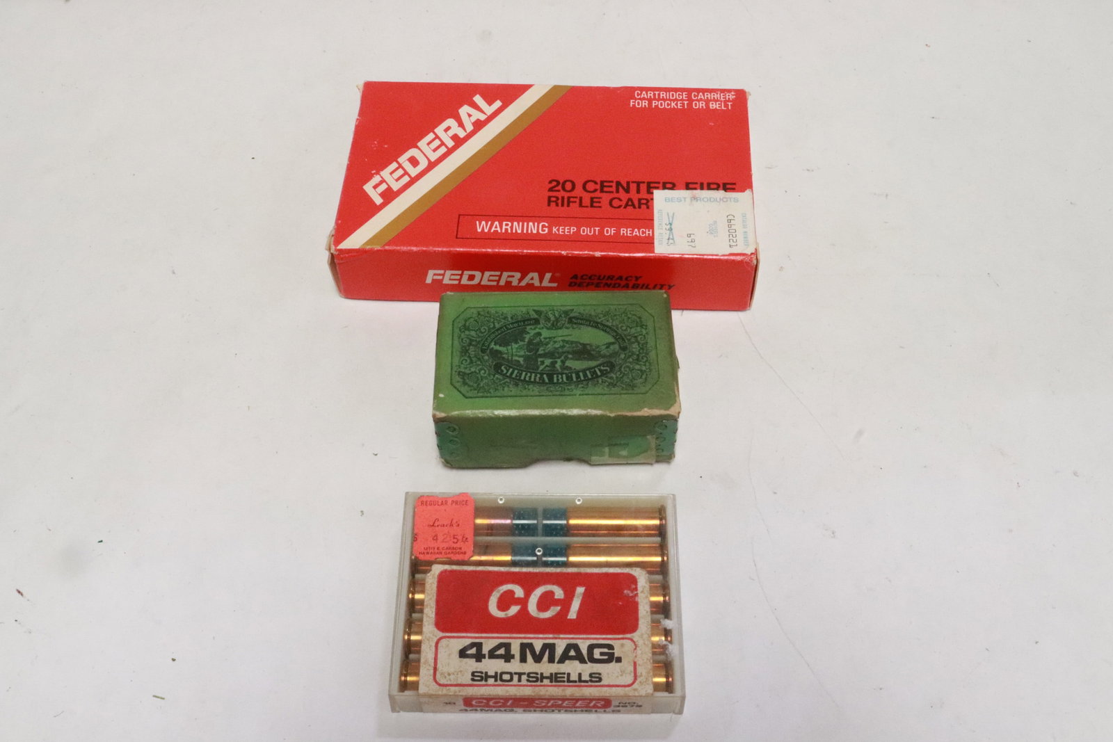 3 items: 3 items; box of Federal 150 grain 30-06 Springfield rifle bullet (total 20 rounds), box of Sierra bullet heads (100 pieces), and 10 rounds 44 mag shotgun shells, NO shipping on this lot, local pickup