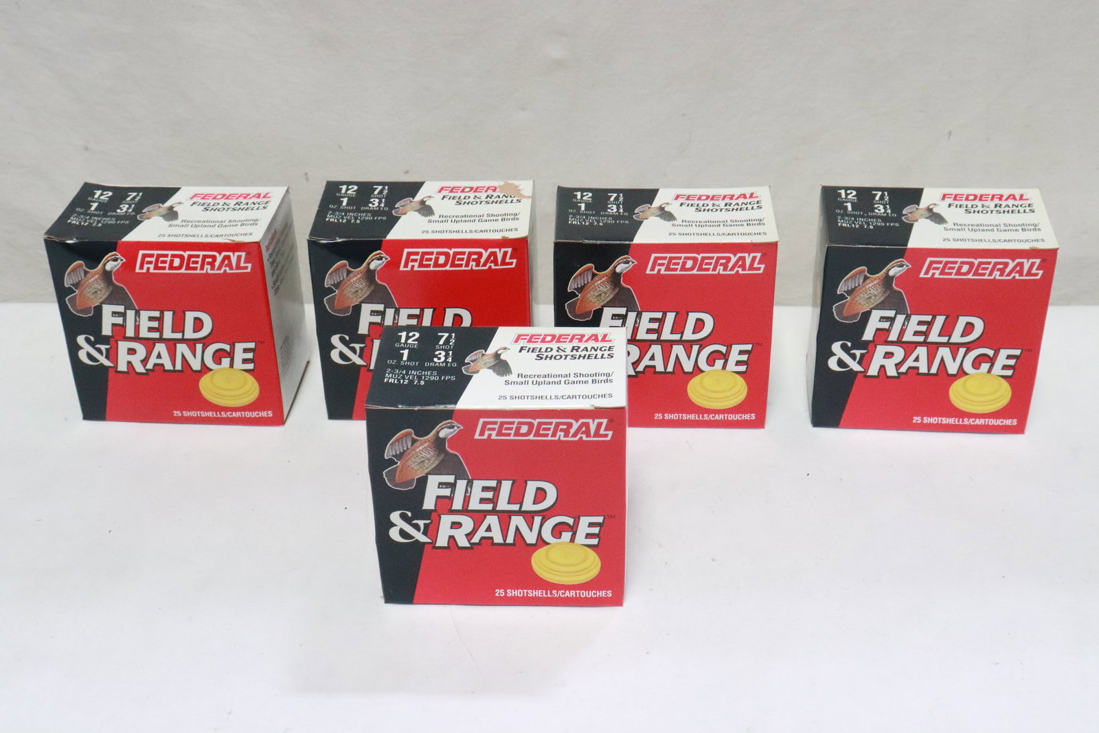 5 boxes Federal gauge 12 shotgun shells: 5 boxes Federal gauge 12 shotgun shells, total 125 rounds, NO shipping on this lot, local pickup only