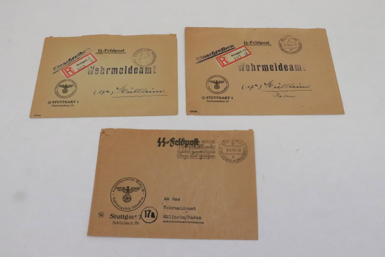 3 WWII German canceled envelopes from SS field post: 3 WWII German canceled envelopes from SS field post, postmarked 1944, 4.4"x6.3" - 4.85"x6.8"