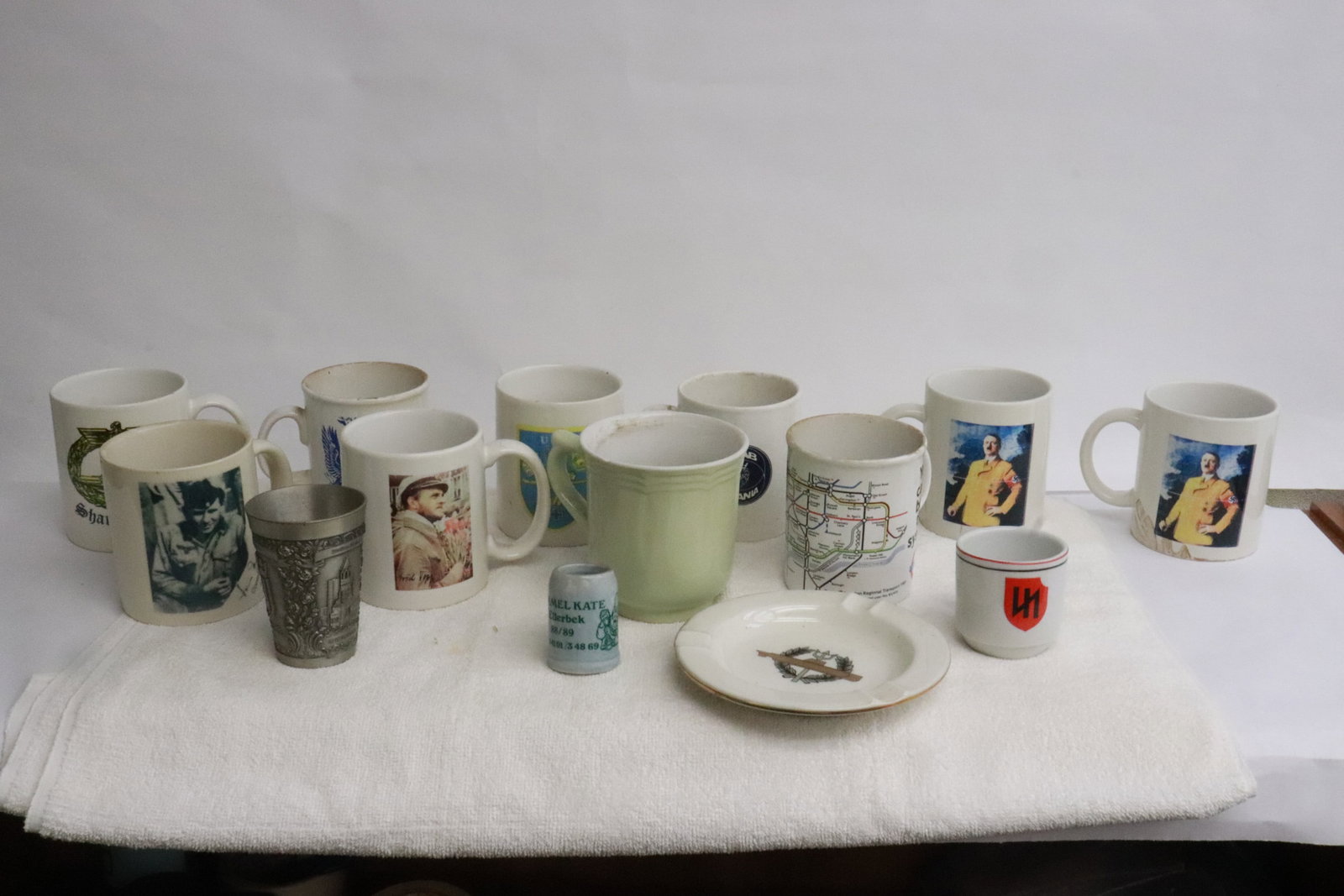 Lot of memorabilia cups: Lot of memorabilia cups, 2.1"x2.1"x1.6" - 4"x4.9"x3.75"