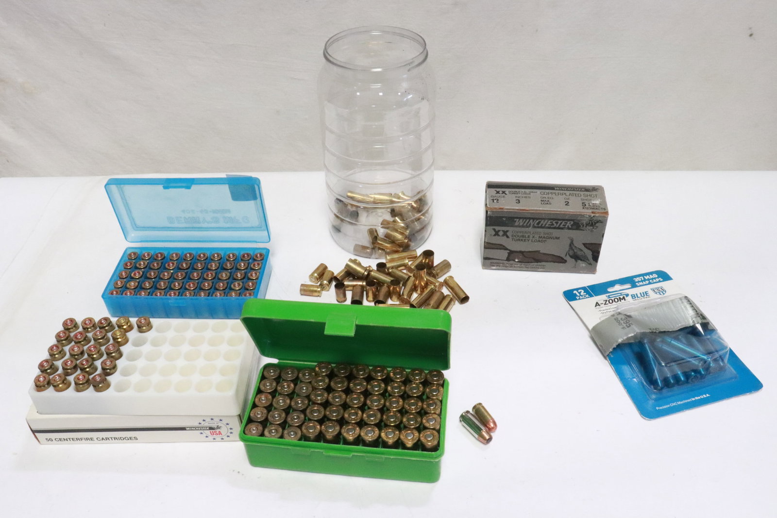 lot of misc.: 44 magnum 35 rounds, 357 mag. snap cap, 10 rounds, GA 12 shotgun shell, 8 pounds, 38 special brass empty shells, 65 rounds, and misc. brass empty shell, NO shipping on this lot, local pickup only
