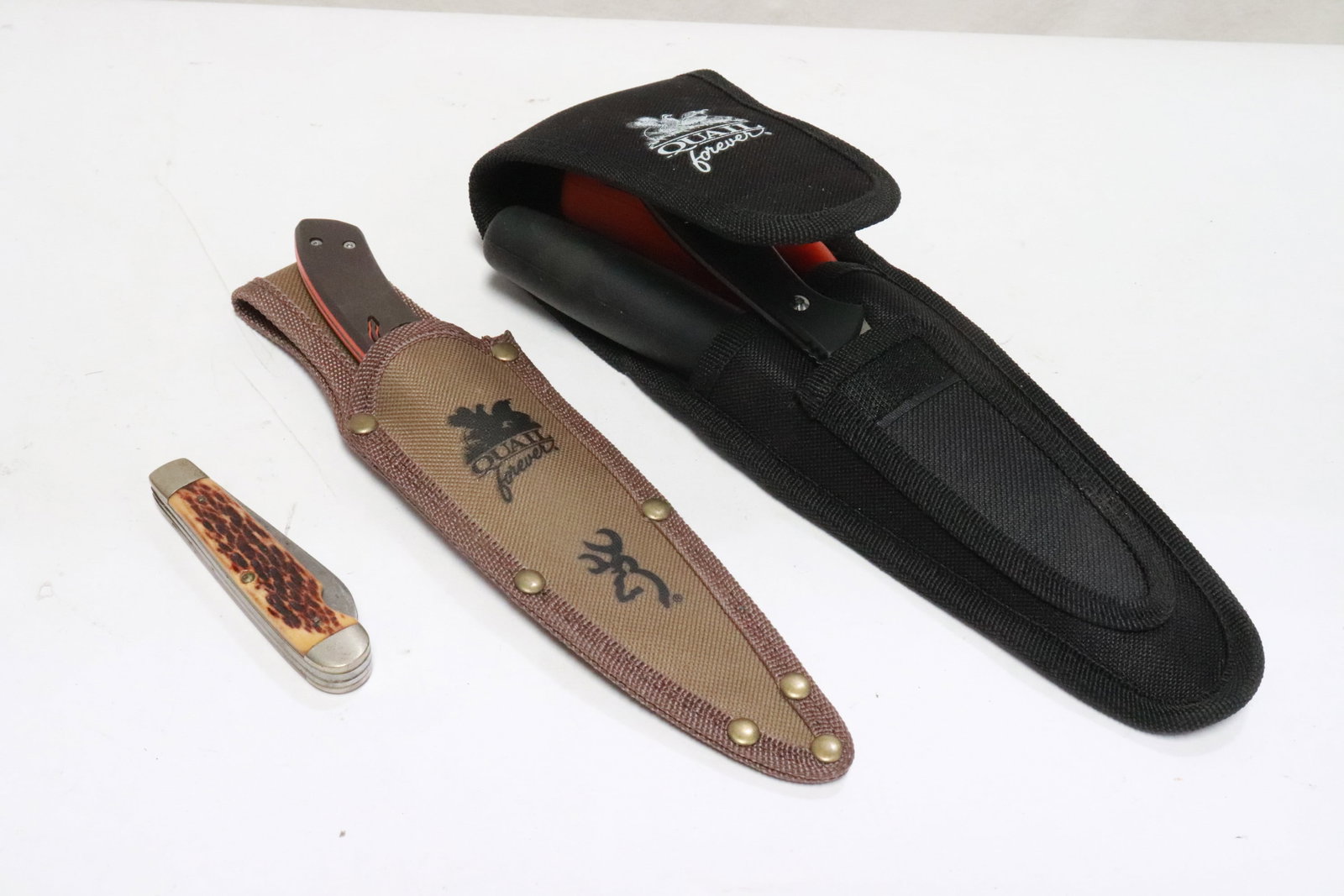 3 pieces: 3 pieces; a pocket knife(5.8"L), a hunting knife (8.5"L), and a knife (8.7"L) and scissors (9"L) set