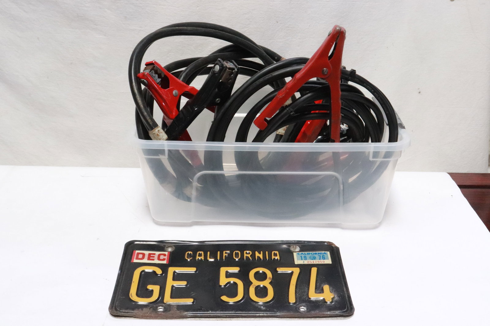 Vintage CA license plate, & 2 sets of heavy duty jump cables: Vintage California license plate, and 2 sets of heavy duty jump cables