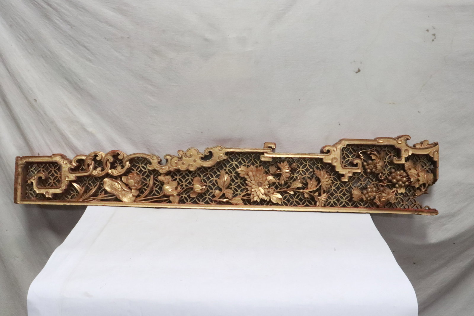 Antique Chinese carved gilt wood ornament: Antique Chinese carved gilt wood ornament, minor losses, 55.15"x10.3"x1.6"