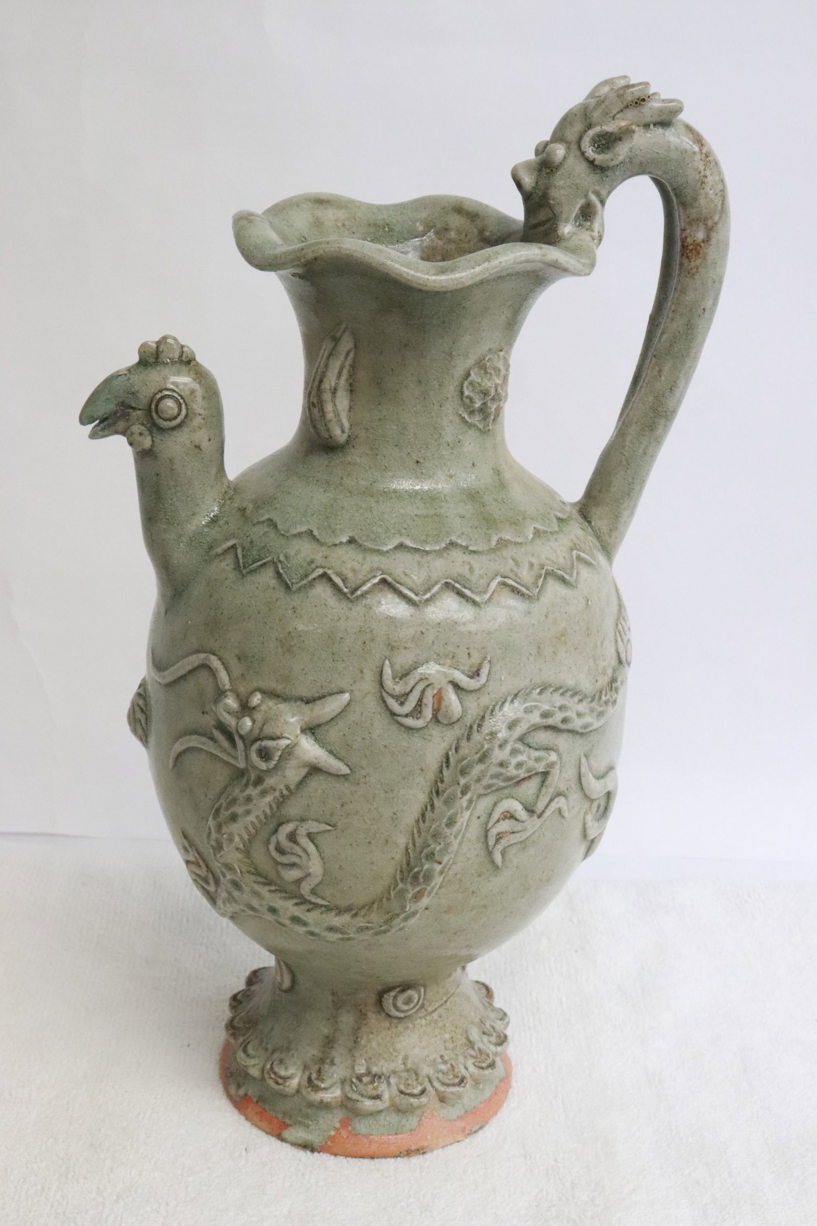 Chinese celadon ewer w/ handle in dragon motif (1 of 6)
