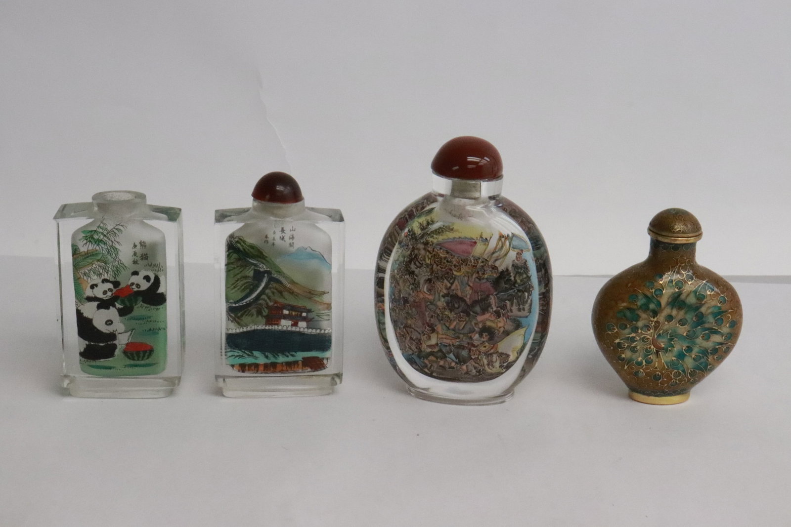 4 snuff bottles; 3 inside painted, one cloisonne (1 of 8)