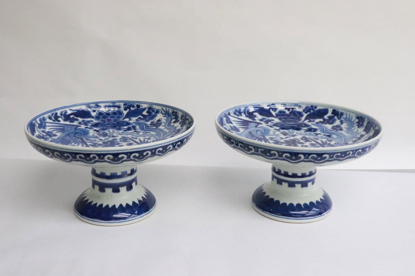 Pair Chinese blue & white porcelain stem plates: Pair Chinese blue and white porcelain stem plates, 4.7"x7.8"dia ea